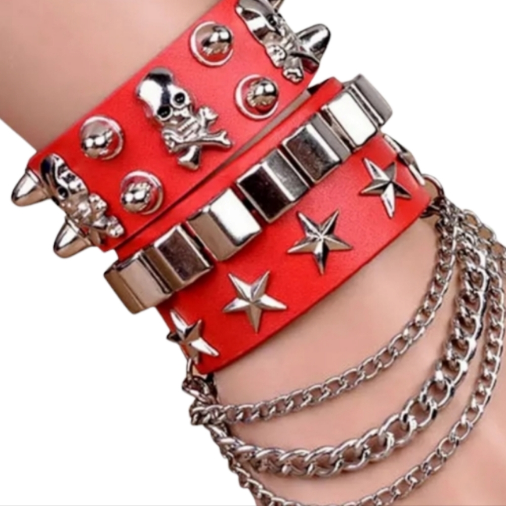 RED LEATHER GOTH PUNK CUFF SET